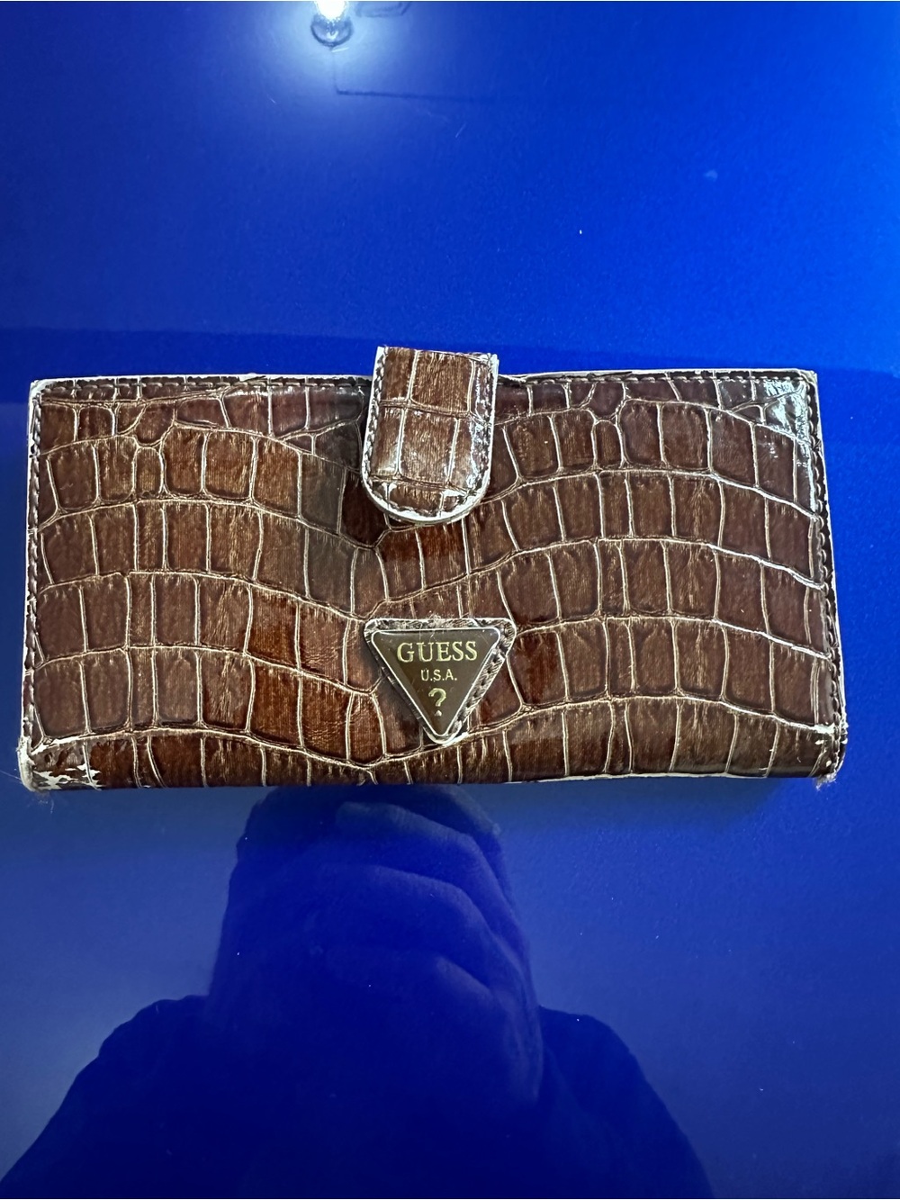 GUESS Brown Croc-Embossed Women's Wallet with Triangle Logo